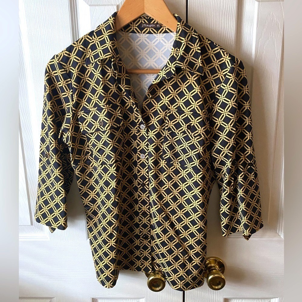J.McLaughlin Monroe Black/Gold Lattice‎ Print Catalina Cloth Button Down SZ XS